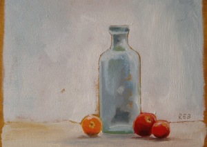 Bullock_Robert_Image#2_Pale Blue Bottle with Heirloom Tomatoes_2012_5 x 7%22_oil on panel_$300